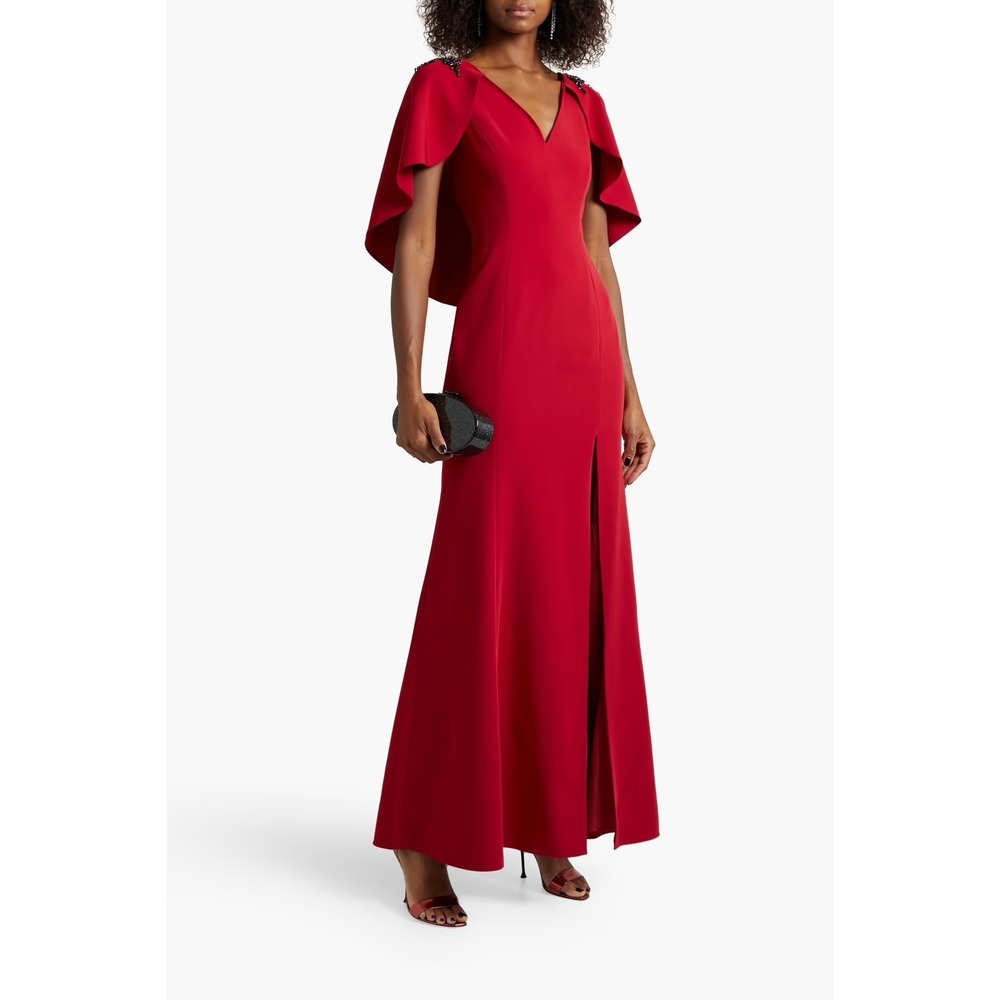 NWT Marchesa Notte Red Embellished Cape Gown‎ in Stretch Crepe - Size 6
